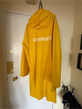 Vetements Yellow Hooded Raincoat with White Logo